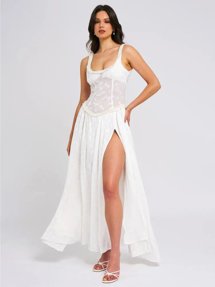 Chiffon Maxi Dress with Floral Embroidery, A-Line Cut, and Slit Design - Alejandra