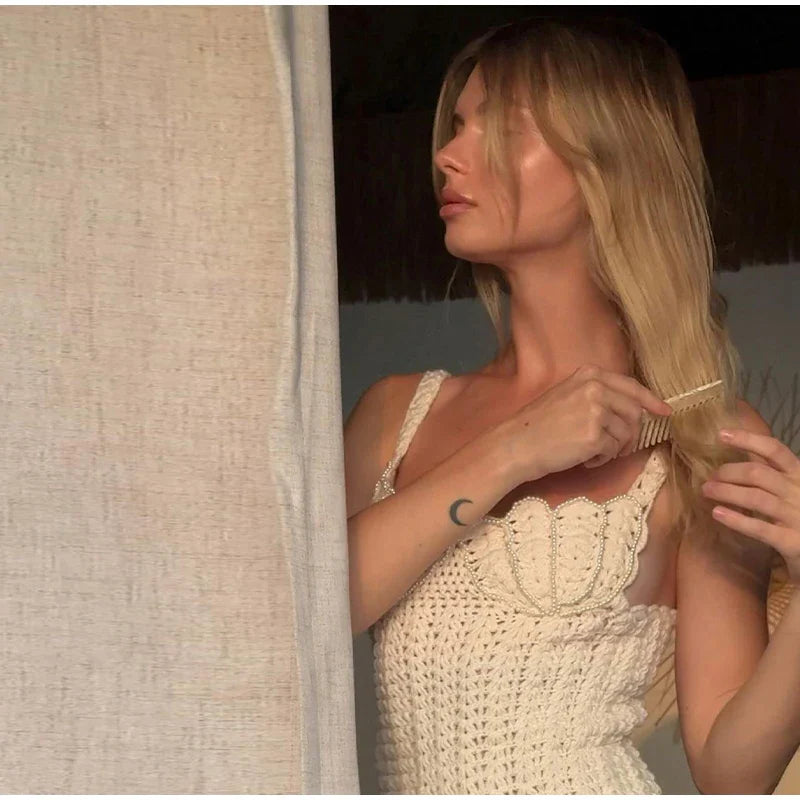 Knitted Mesh Mini Dress with Pearl Decoration - Aliana