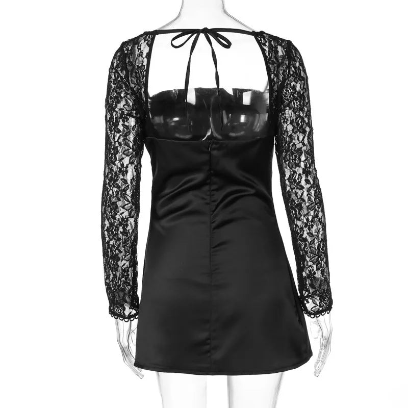 Satin Mini Dress with Lace Sleeves - Far