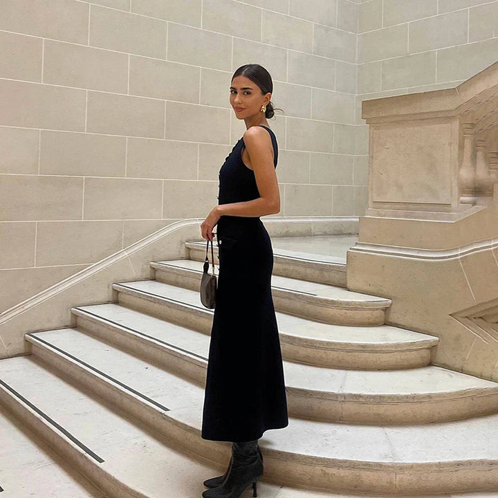 Elegant Knitted Midi Dress with Button Decoration and Small Slit - Penelope