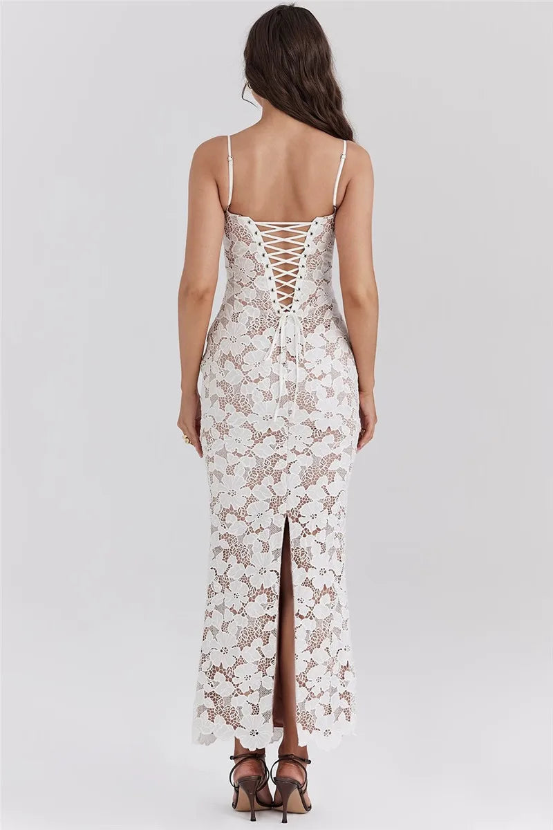 Lace Maxi Dress with Floral Embroidery and Back Ties - Veronica