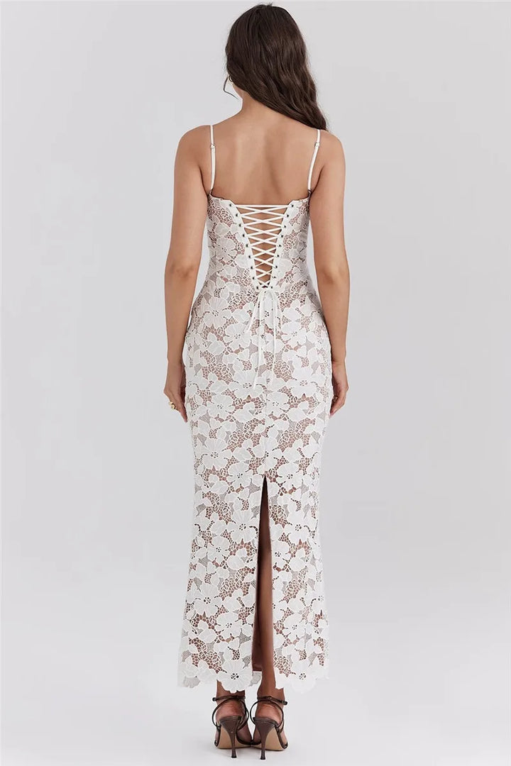 Lace Maxi Dress with Floral Embroidery and Back Ties - Veronica