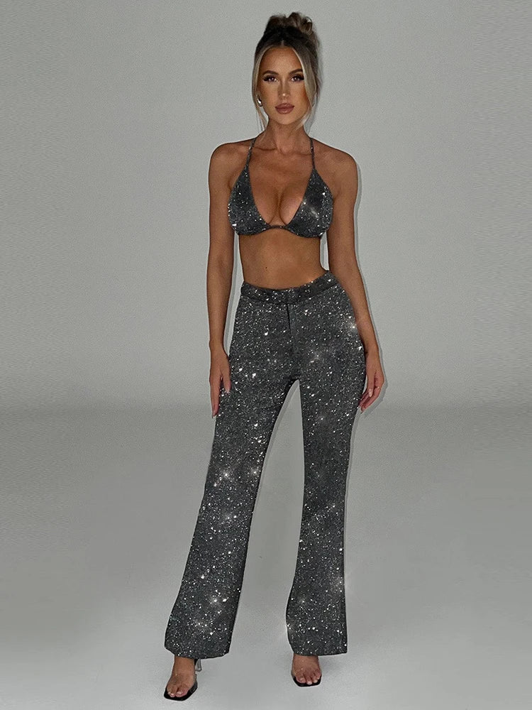 Three-Piece Glitter Suit with Bra, Blazer, and High-Waisted Pedal Pusher Pants - Glory