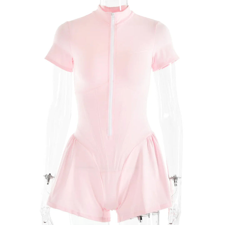 Short Sporty Jumpsuit with Corset Cut and Front Zipper Closure - Averie