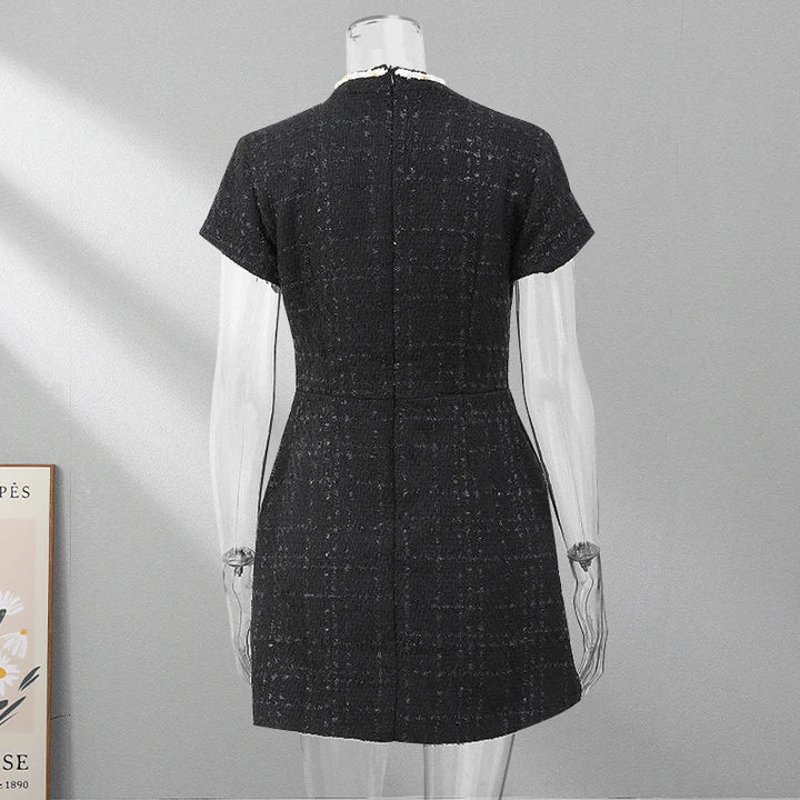 Elegant Mini Dress with Short/Long Sleeves, Tailored Style, Woven Fabric with Sequin and Pearl Embellishment - Lucia