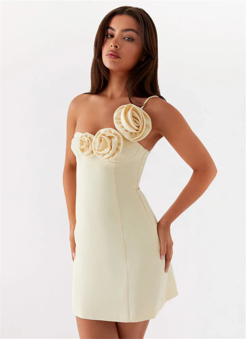 Mini Dress with Floral Applique and One Shoulder Strap - Annika