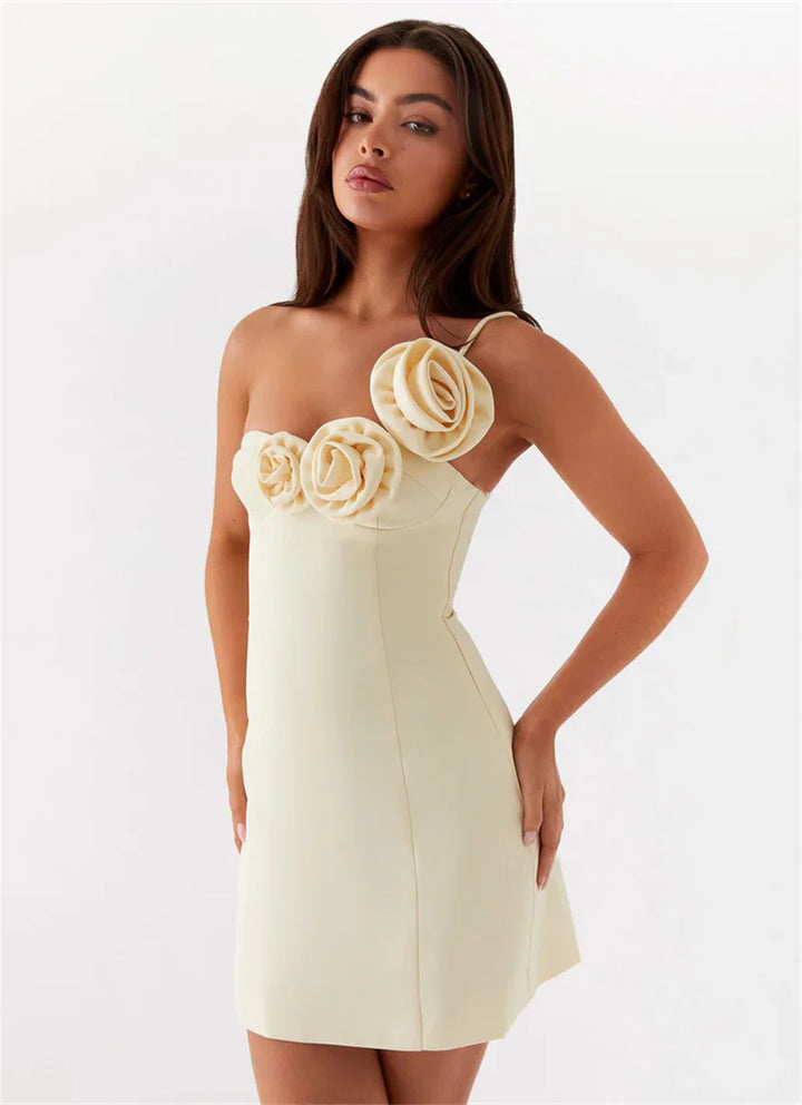 Mini Dress with Floral Applique and One Shoulder Strap - Annika