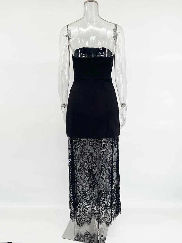 Elegant two-piece set strapless top and maxi lace skirt - Juline