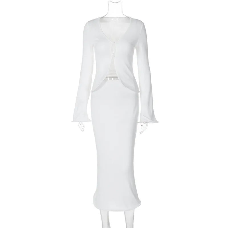 Knitted Two-Piece Set with Buttoned Top and Maxi Skirt - PARIS