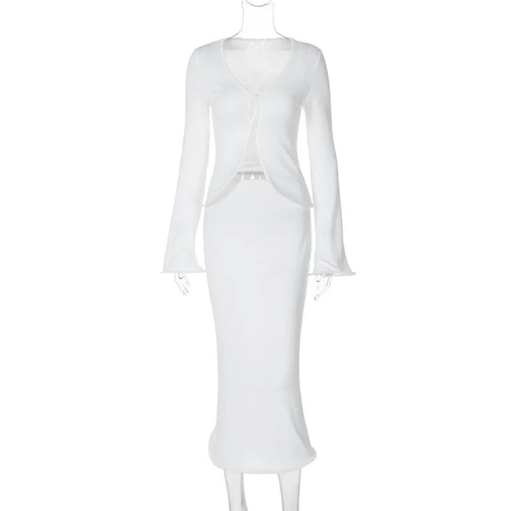 Knitted Two-Piece Set with Buttoned Top and Maxi Skirt - PARIS