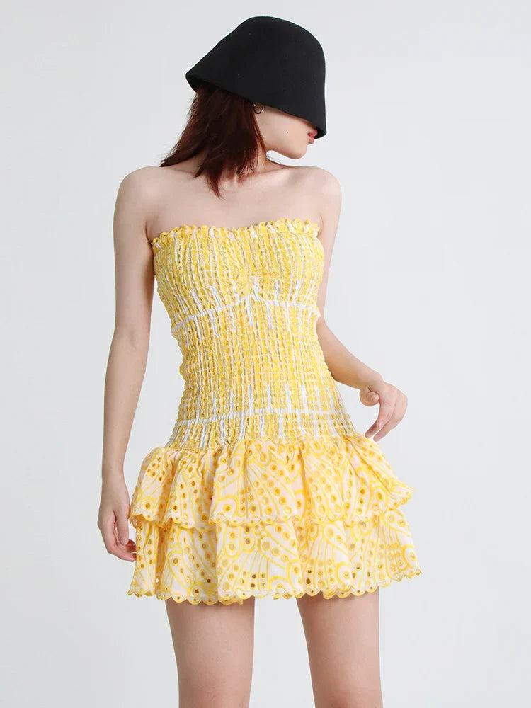 Strapless Mini Dress with Ruching and Ruffle - Diane