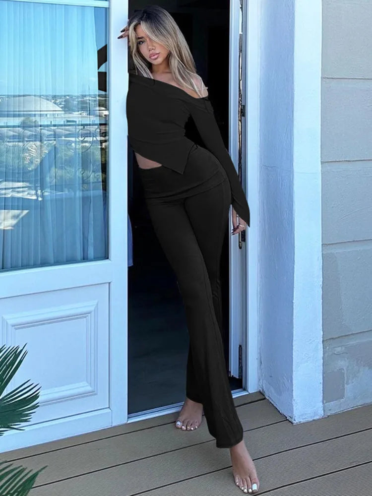 Two-piece knitted set with asymmetrical off-shoulder top and long pants - ROZIE