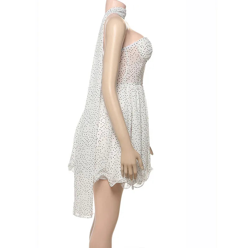 Mini Strapless Ruffle Dress with Corset Design, Polka Dot Detail and Matching Scarf - Milia
