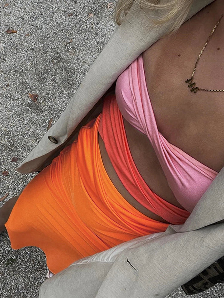 Strapless Maxi Dress with Cutouts and Mixed Colors Design - Adela