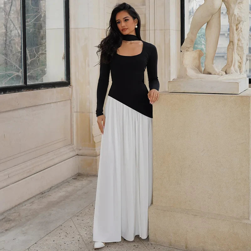 Elegant Maxi Dress with Slit and Scarf Decoration - RONA LI