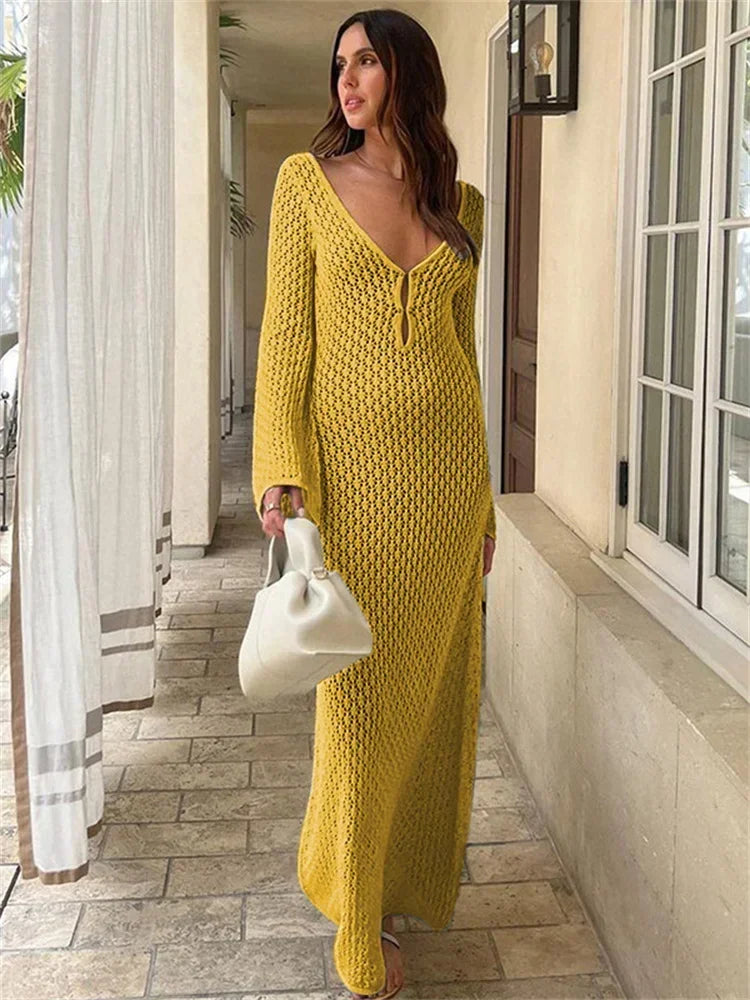 Knitted Maxi Beach Dress with Open Back and Pearl Pin Decoration - Lina