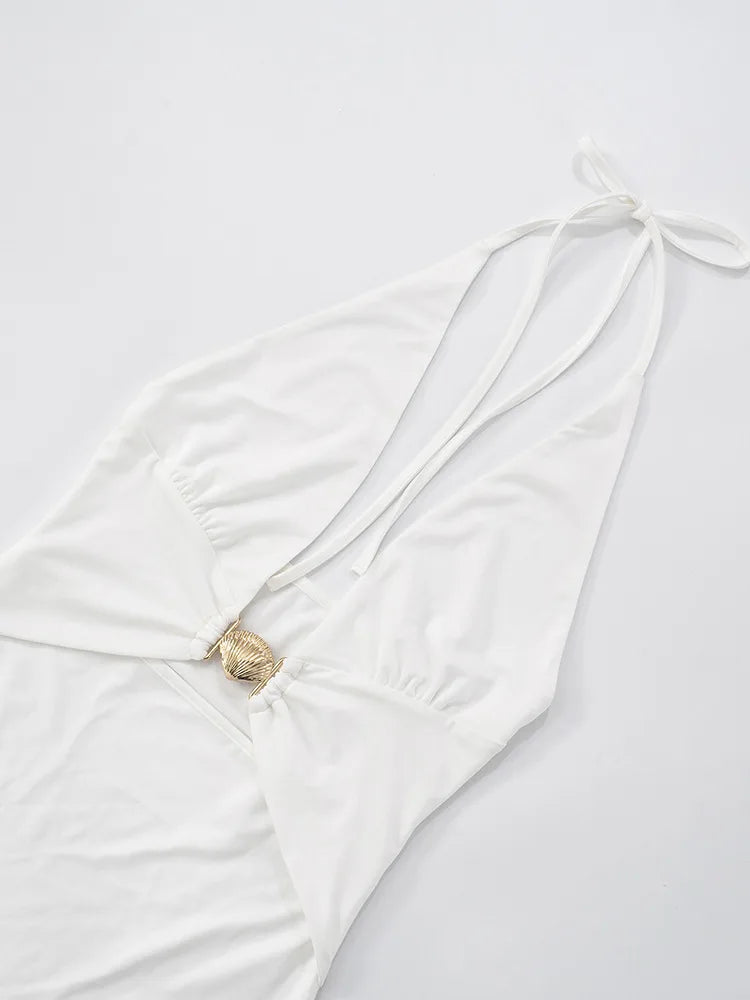Mini dress with neck tie, deep V neckline decorated with gold shell buckle - Astraja
