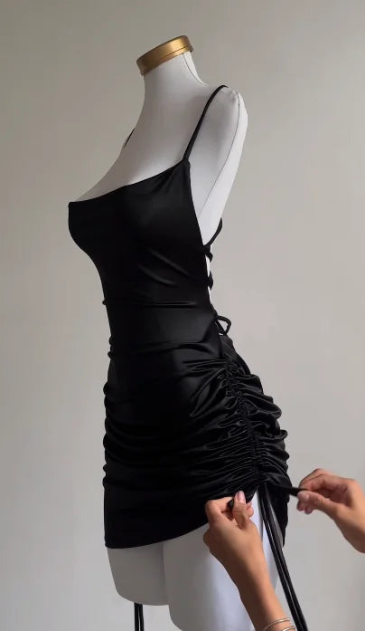 Satin Mini Dress with Tie Strings for Length and Ruching Adjustment - Tara