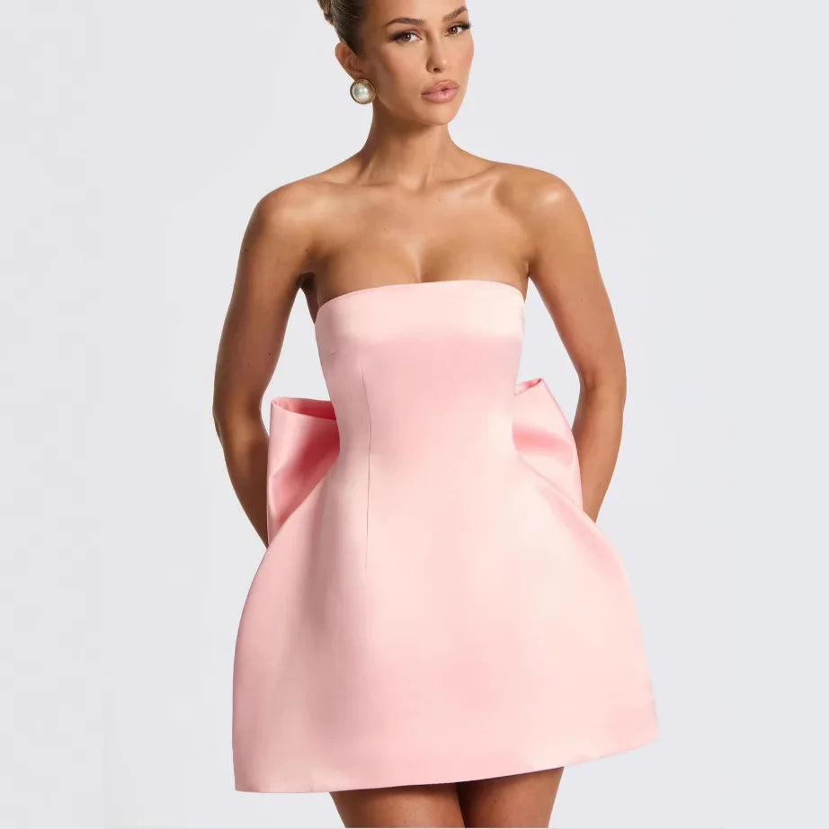 Satin mini dress in A-line cut with tie bow back detail for waist fit - Lilia