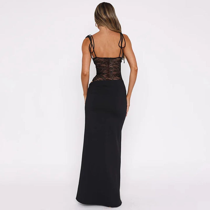 Elegant Maxi Dress with Lace and Tie Straps - Indigo