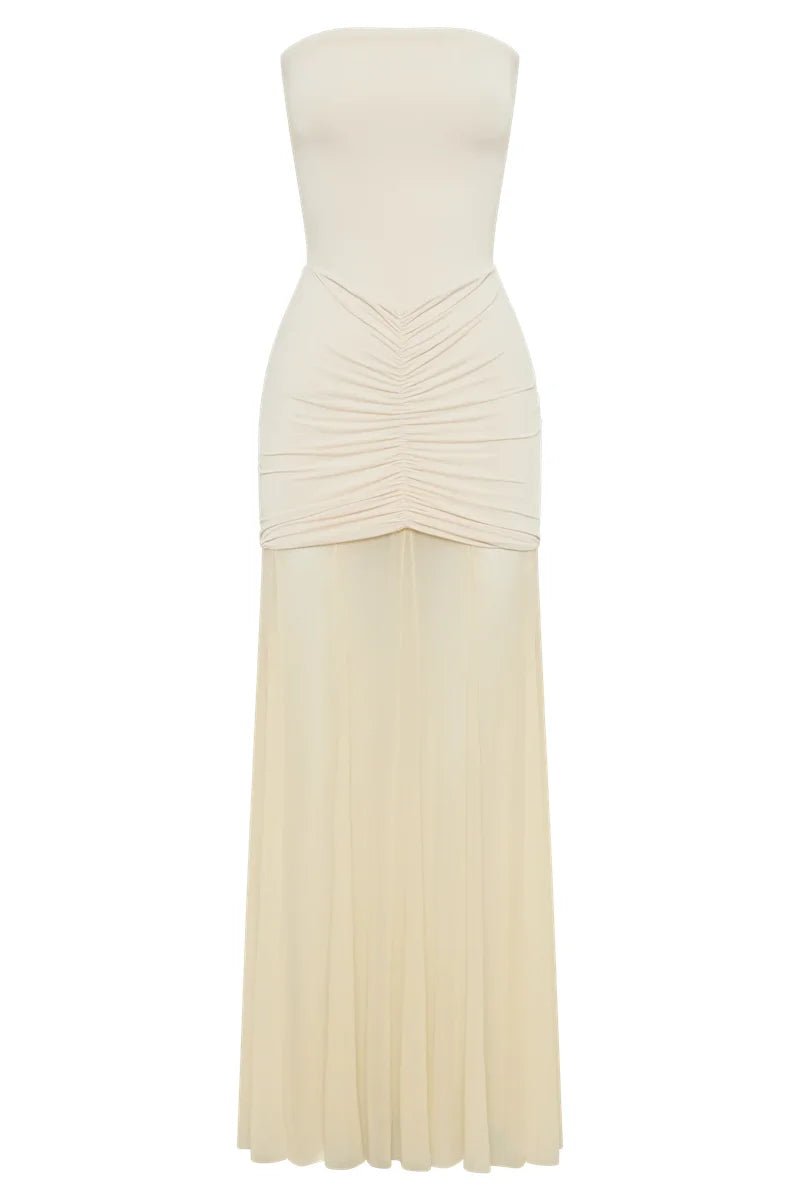 Chiffon Maxi Dress with Gathered Off-the-Shoulder Design - Delilah
