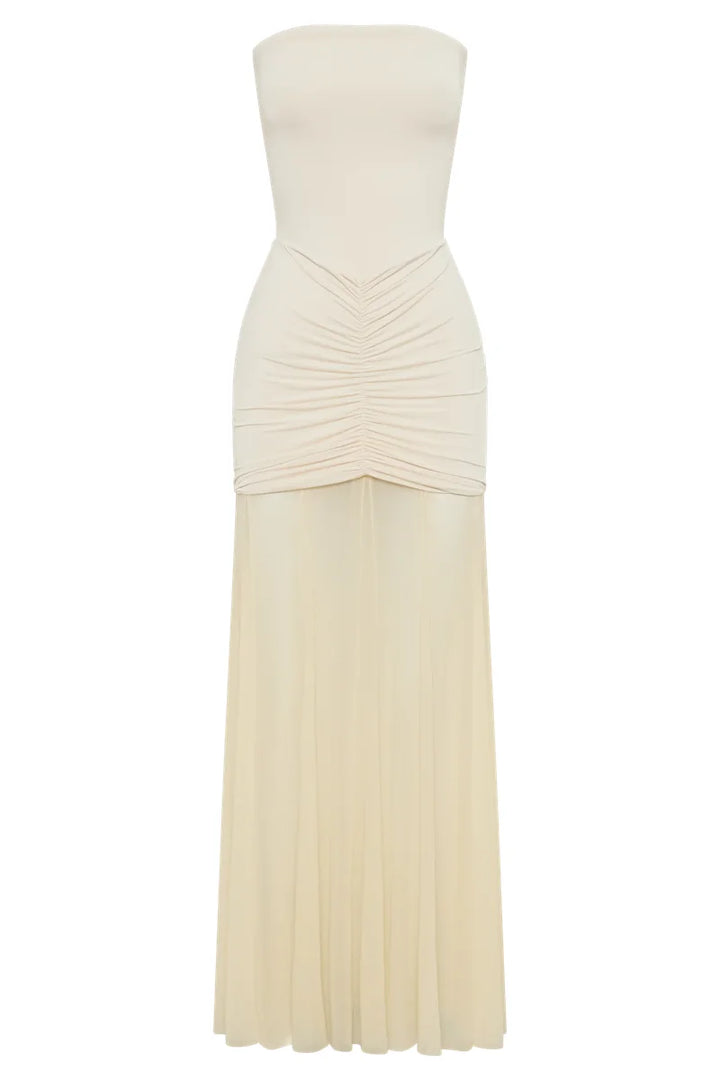 Chiffon Maxi Dress with Gathered Off-the-Shoulder Design - Delilah