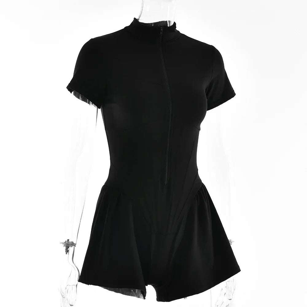Short Sporty Jumpsuit with Corset Cut and Front Zipper Closure - Averie