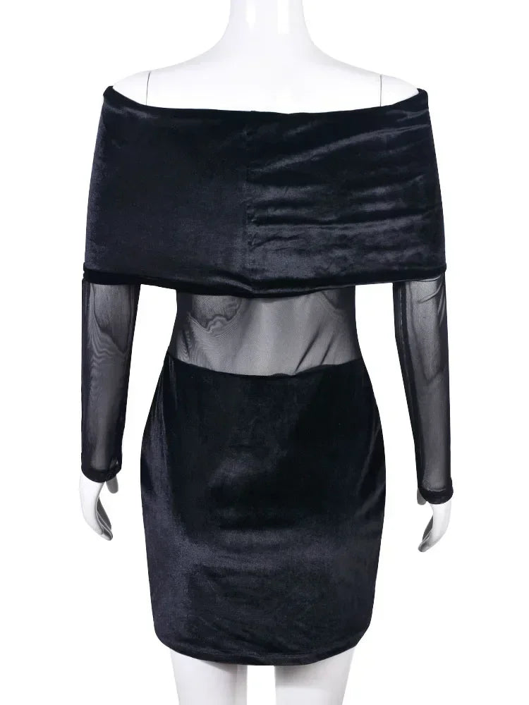 Velvet off-shoulder mini dress with mesh design - Shariel