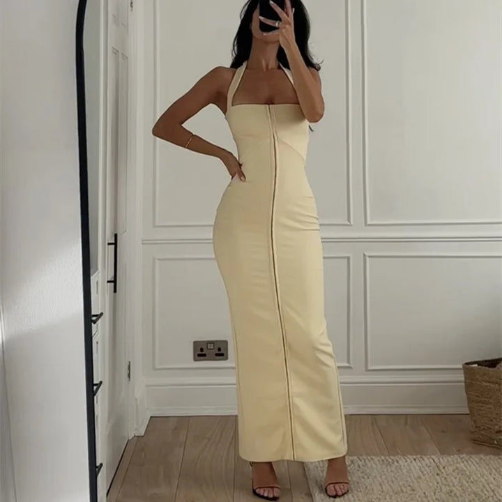 Fitted Maxi Dress with Pin Closure and Open Back - Natasha