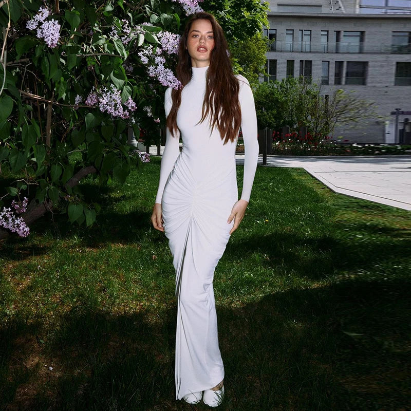 Maxi Dress with Gathered Turtleneck Collar and Slit Embellishment - Brianna