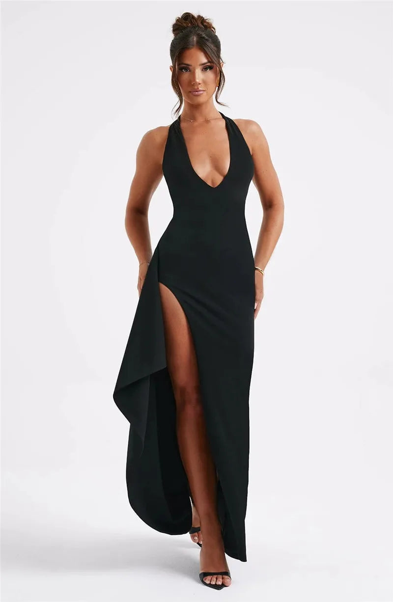 Luxury Maxi Dress with V-Neck, Deep Slit, and Open Back - Alicia