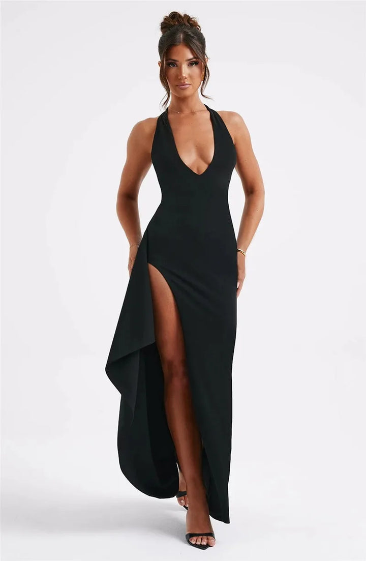 Luxury Maxi Dress with V-Neck, Deep Slit, and Open Back - Alicia