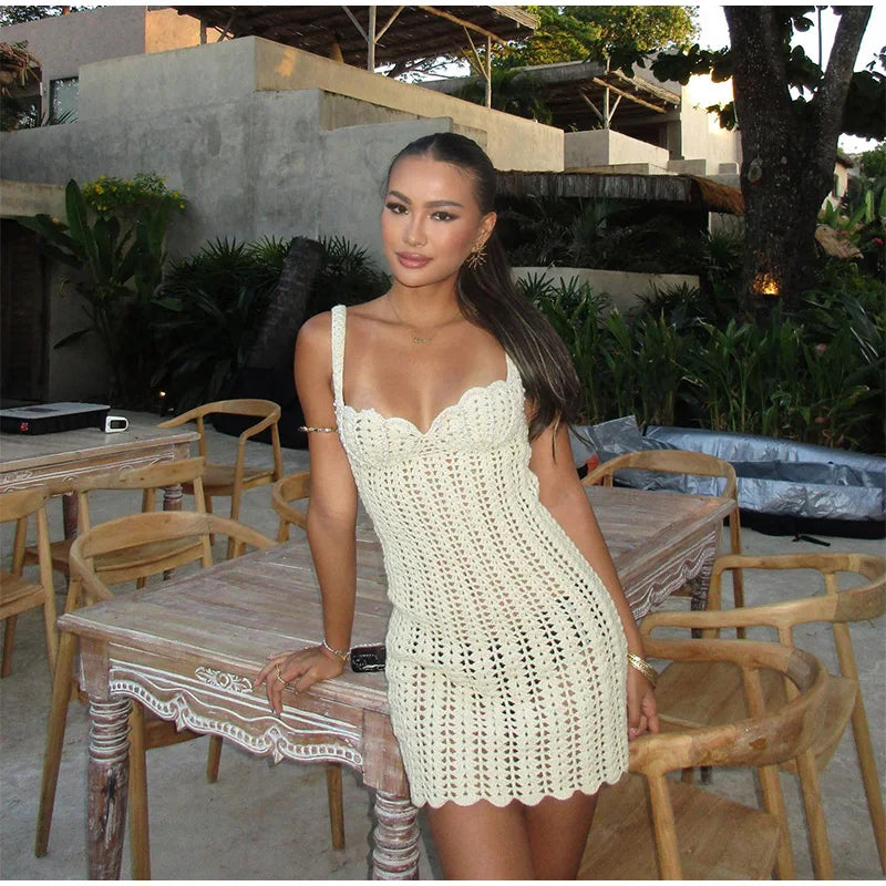 Knitted Mesh Mini Dress with Pearl Decoration - Aliana