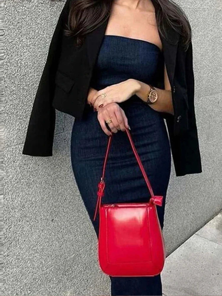 Fitted Strapless Denim Midi Dress - Richie