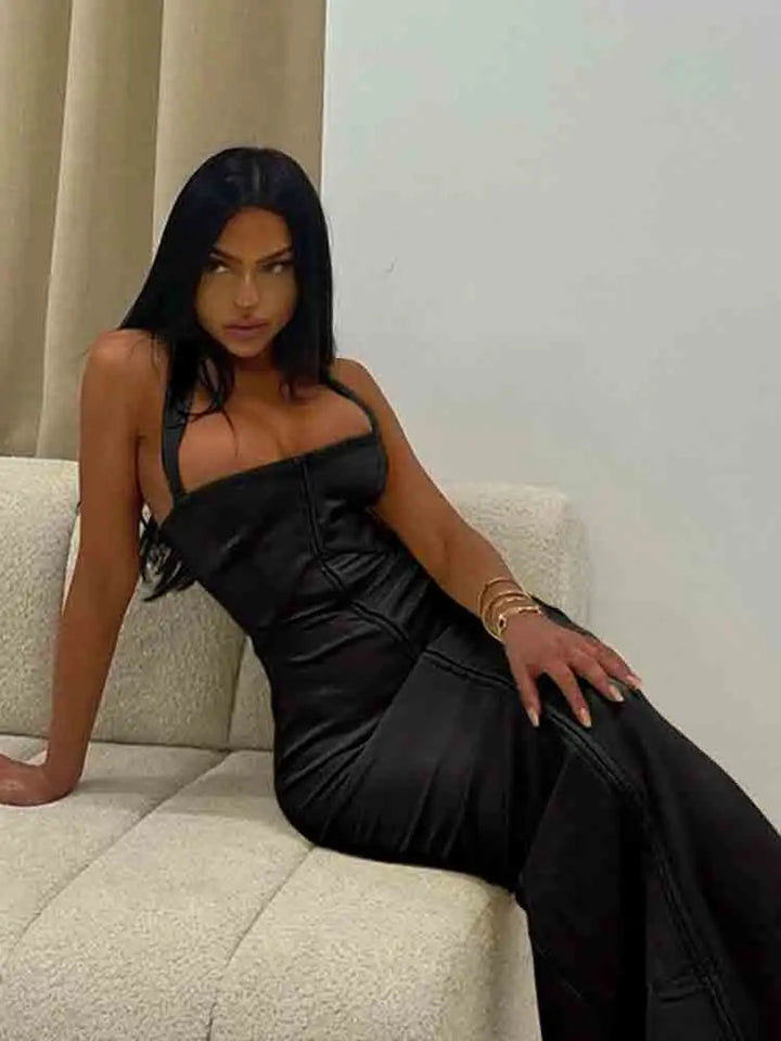 Fitted Maxi Dress with Pin Closure and Open Back - Natasha