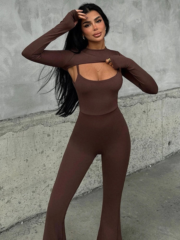 Pedal Pusher Jumpsuit with Shaping Fabric and Overlay Design - Vini