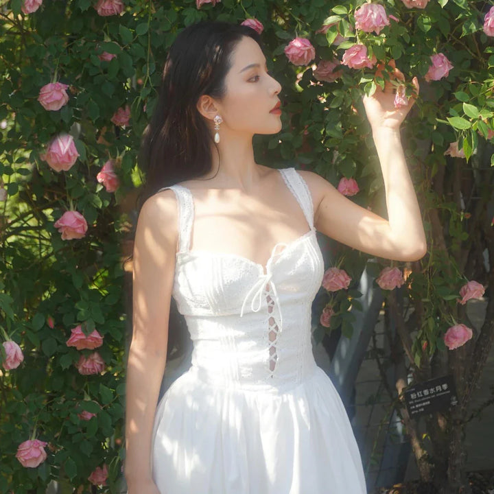Midi Dress in Country Style with A-Line and Tie Design - SUNRISE