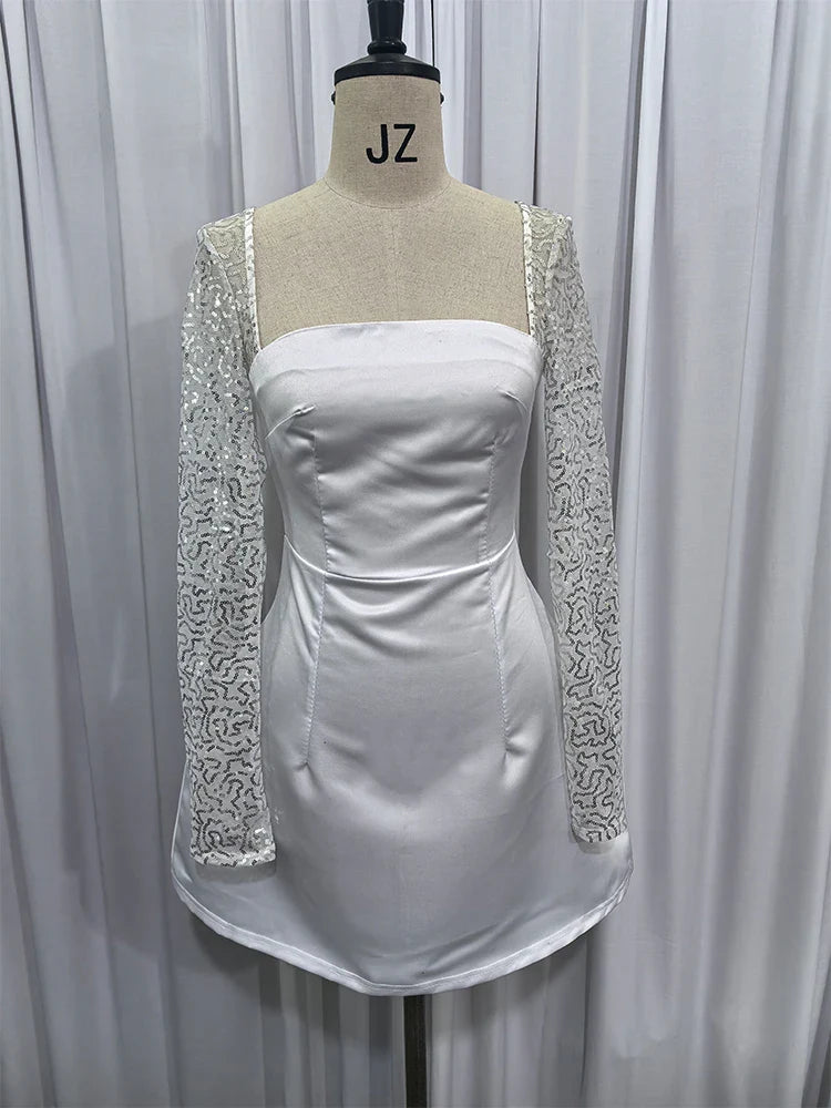 Satin Mini Dress with Mesh Sleeves and Glitter Decoration - Amara