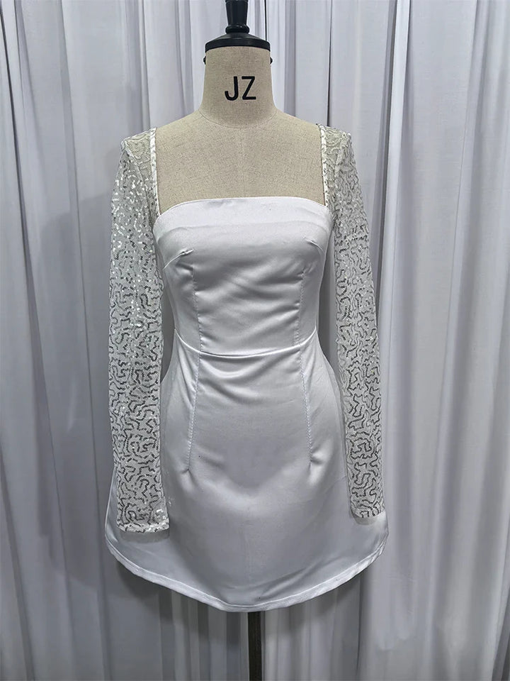 Satin Mini Dress with Mesh Sleeves and Glitter Decoration - Amara