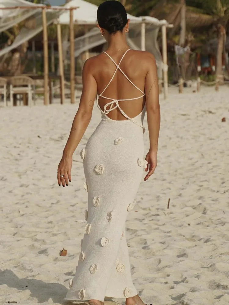 Knitted Maxi Dress with Floral Appliqués and Back Tie Detail - Malaya
