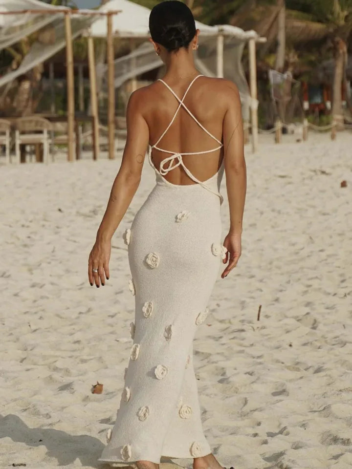 Knitted Maxi Dress with Floral Appliqués and Back Tie Detail - Malaya