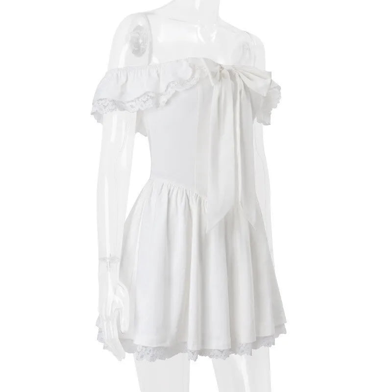 Rustic off-shoulder mini dress with lace decoration - Lali