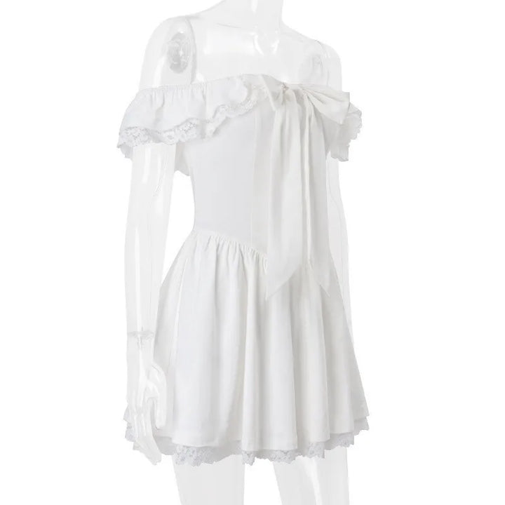 Rustic off-shoulder mini dress with lace decoration - Lali