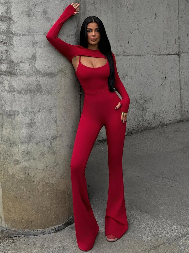 Pedal Pusher Jumpsuit with Shaping Fabric and Overlay Design - Vini