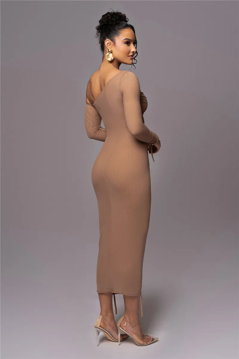Midi ruched dress with asymmetrical neckline - LOV