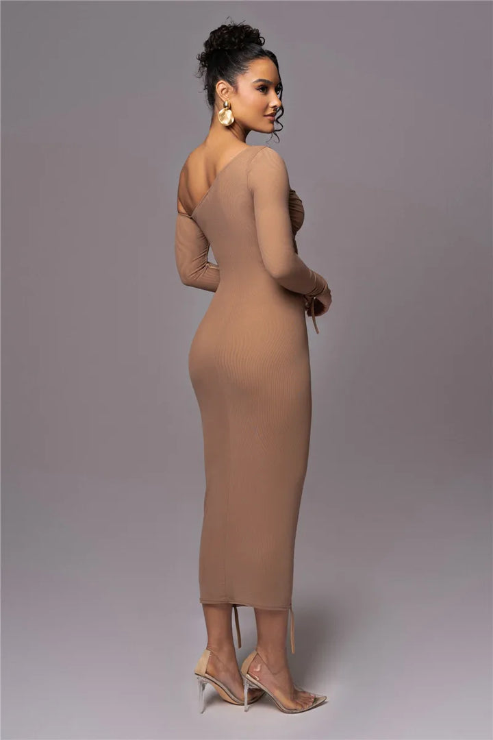 Midi ruched dress with asymmetrical neckline - LOV
