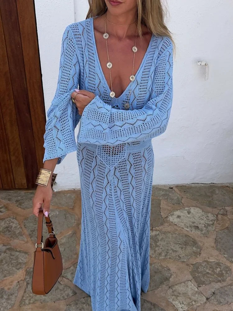 Knitted Maxi Beach Dress with Flower Decoration - Beatrice