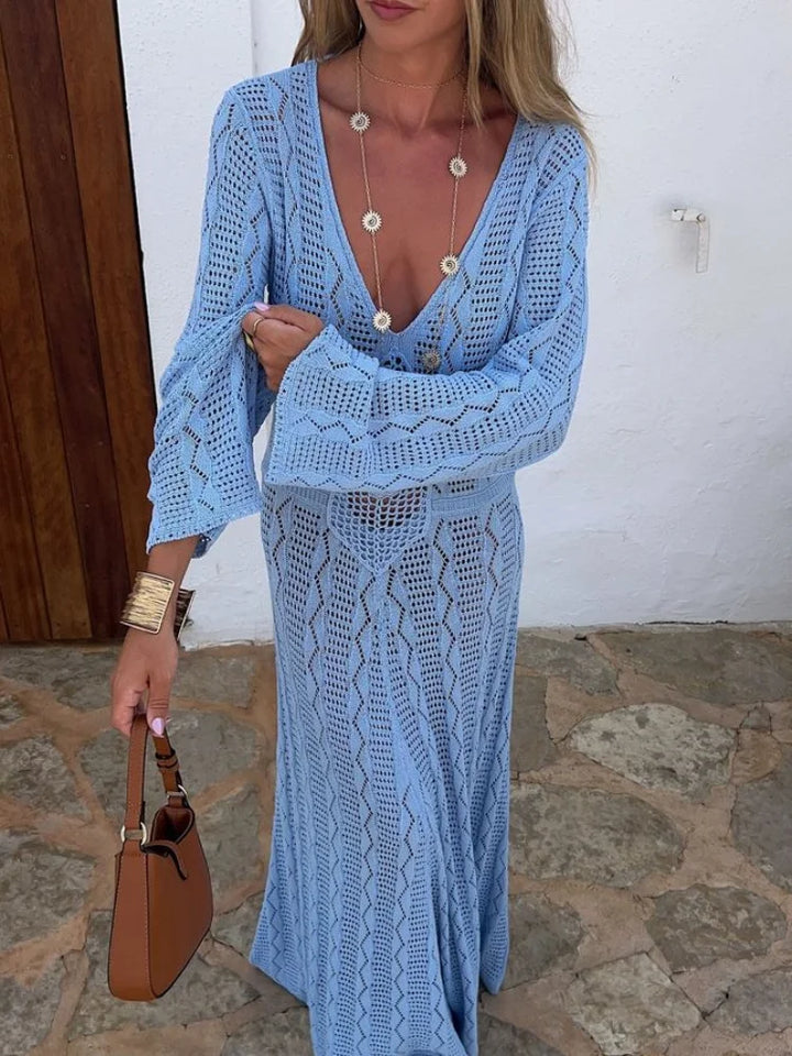 Knitted Maxi Beach Dress with Flower Decoration - Beatrice