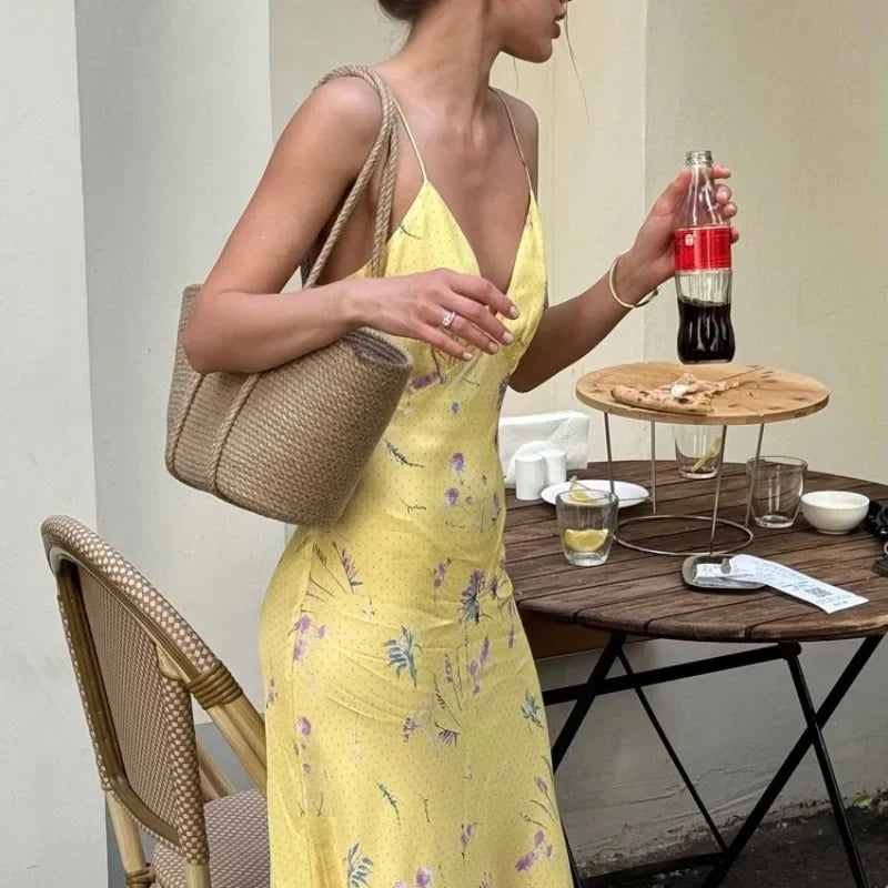 Maxi Satin Dress with Floral Print Detail - Baylee