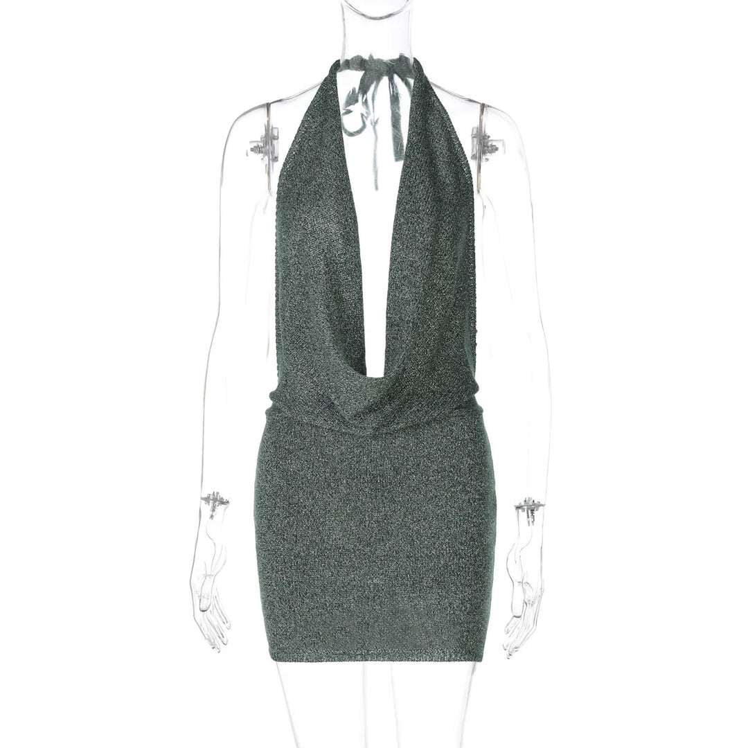 Knitted Sequin Mini Dress with Dropped Collar and Open Back - Kesem